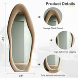 Honyee Full Length Mirror, 63" x 24" Wall Mirror, Flannel Wrapped Wooden Frame Floor Mirror, Irregular Wavy Mirror Hanging or Leaning Against Wall for Cloakroom/Bedroom/Living Room, Milk Tea Honyee