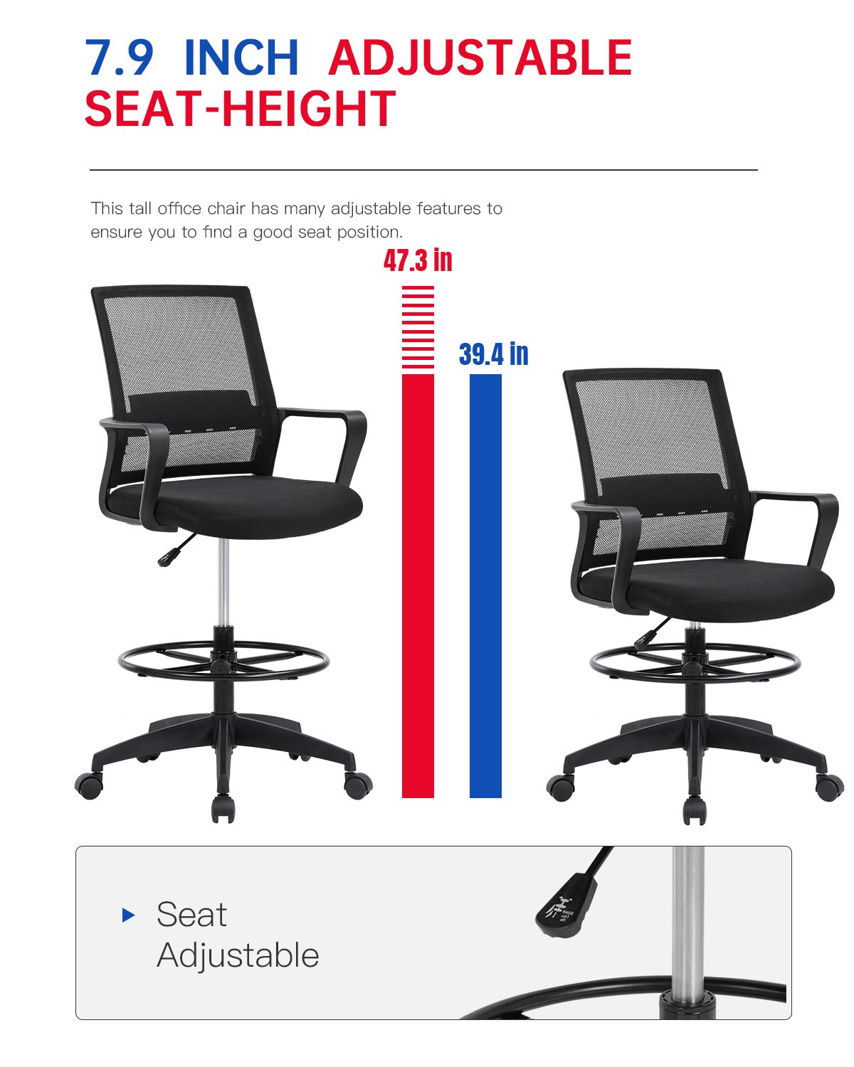 Drafting Chair Tall Office Chair Adjustable Height with Lumbar Support Arms Footrest Mid Back Desk Chair Swivel Rolling Mesh Computer Chair for Adults Standing Desk Drafting Stool(Black) BestOffice