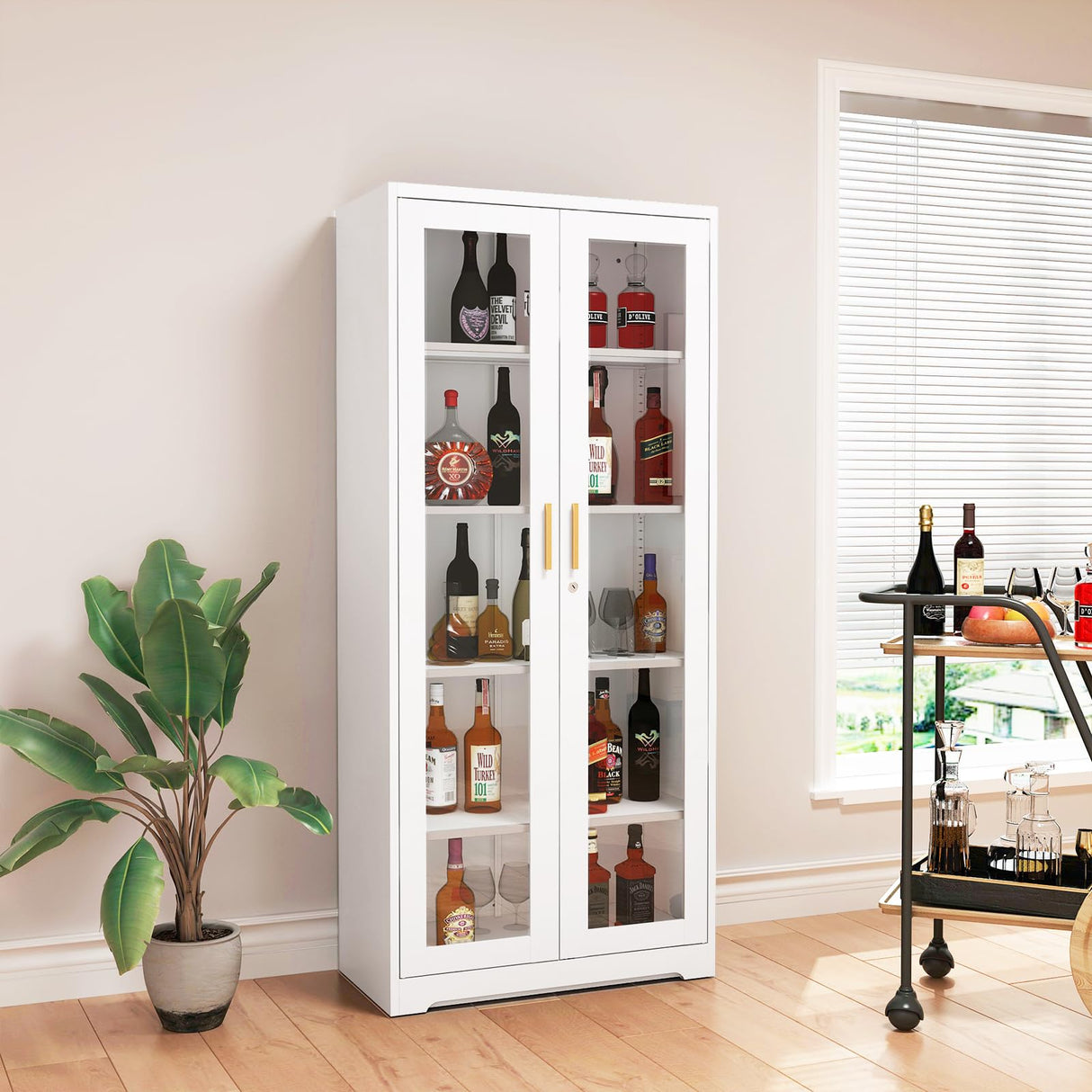 71" Glass Display Cabinet, Metal Storage Cabinet with Glass Doors, Curio Display Cabinet with 4 Adjustable Shelves, White Locking Cabinet for Living Room, Kitchen, Hallway, Office - Assembly Required MetalMax