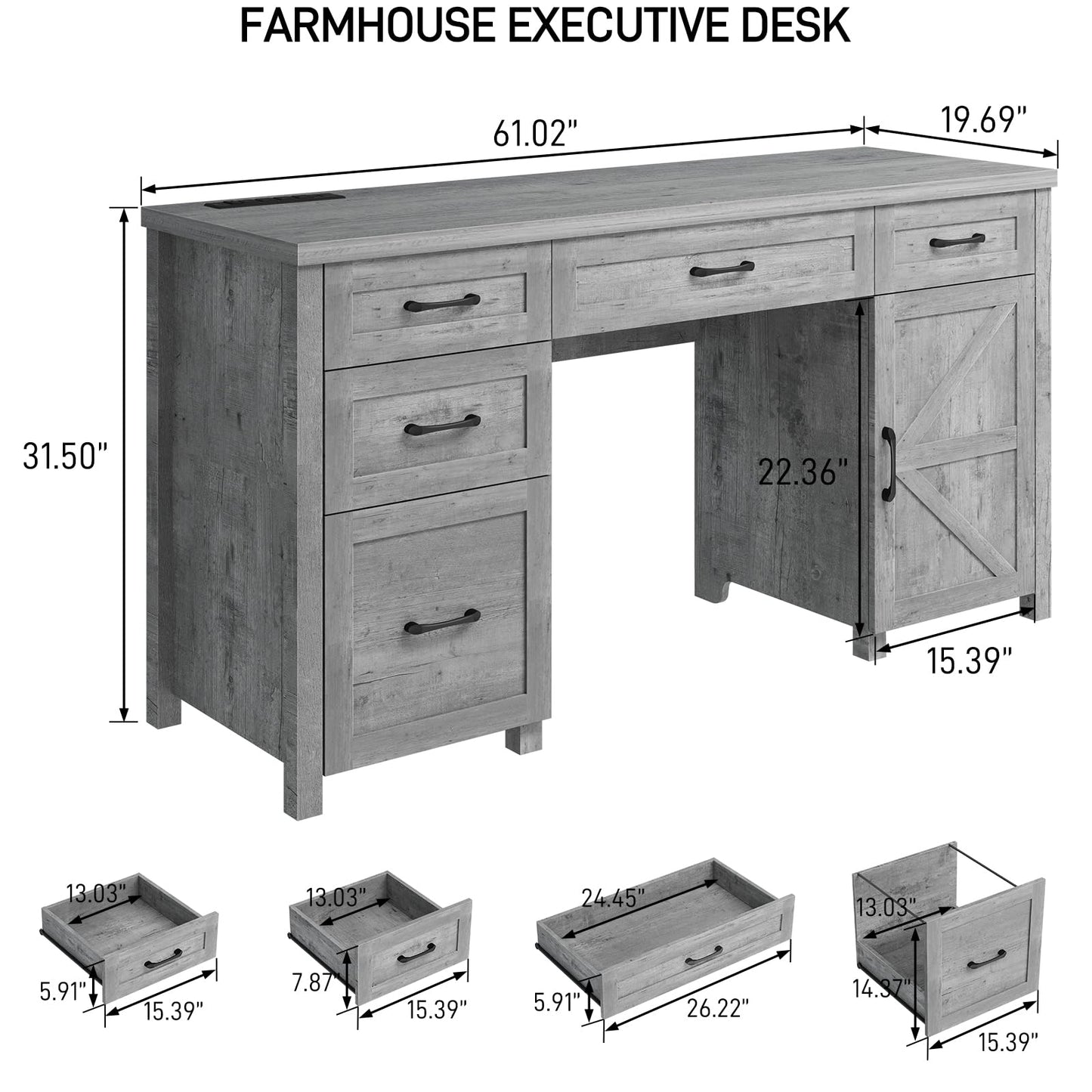 Farmhouse 61'' Executive Desk with 5 Drawers, Rustic Office Desk Computer Desk with Charging Station, File Drawers and Storage Cabinet, Wood Workstation for Home Office and Study, Gray - WoodArtSupply