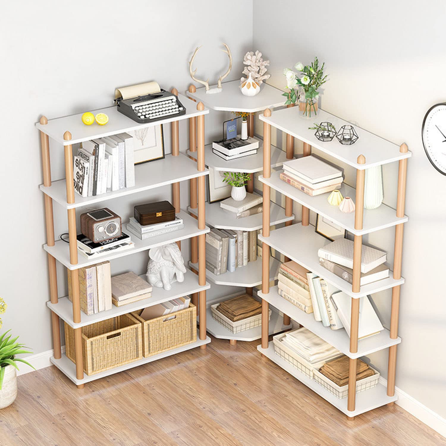 IOTXY Modern 5-Tier White Wooden Corner Bookshelf - Stylish Open Bookcase for Home and Office Storage - WoodArtSupply