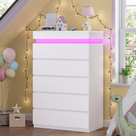 HAUOMS Tall 5 Drawer Dresser with LED Light, White Modern Chest of Drawers for Bedroom,Closet Dressers with Drawers for Living Room, Entryway, Hallway HAUOMS