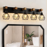Farmhouse Bathroom Vanity Light Fixtures, 5-Light Wood Bathroom Light Fixtures Over Mirror, Rustic Sconces Wall Lighting with Elegant Metal Lampshade for Living Room, Bedroom, Hallway… maesta