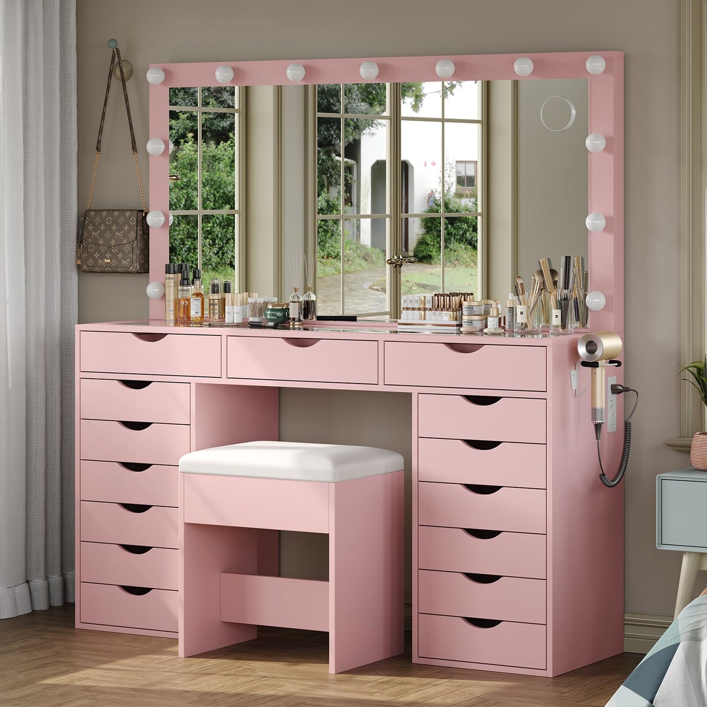 Yanosaku 15 Drawers Vanity Desk with Power Outlet, Makeup Table with Mirror and 13 LED Lights, 3 Color Lighting Modes, Brightness Adjustable, Glass Top Dressing Table, Vanity Set for Bedroom (Pink)