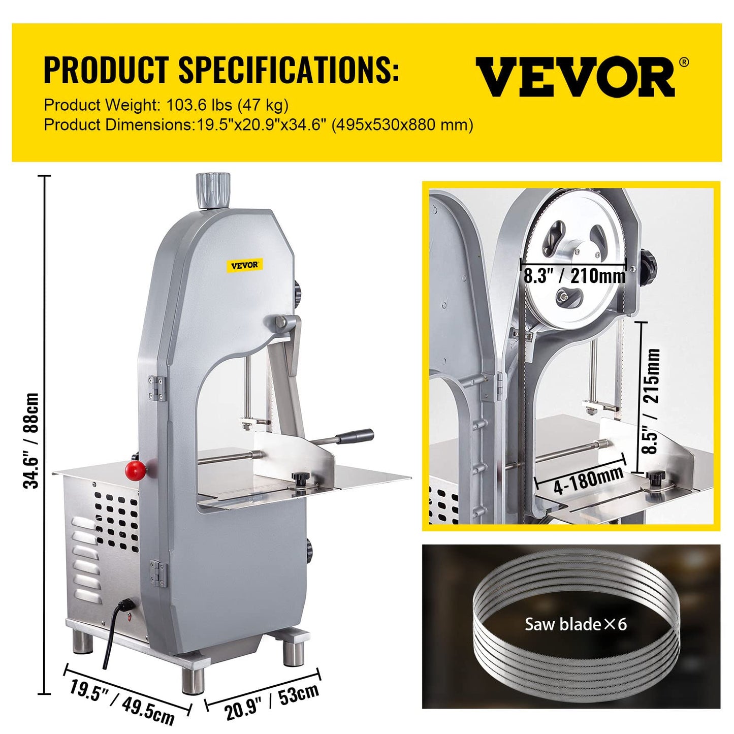 VEVOR 110V Bone Saw Machine, 1500W Frozen Meat Cutter, 2.1HP Butcher Bandsaw, Thickness Range 4-180mm, Max Cutting Height 215mm, Worktable 19.3x17.3inch, Sawing Speed 19m/s, Equipped with 6 S - WoodArtSupply