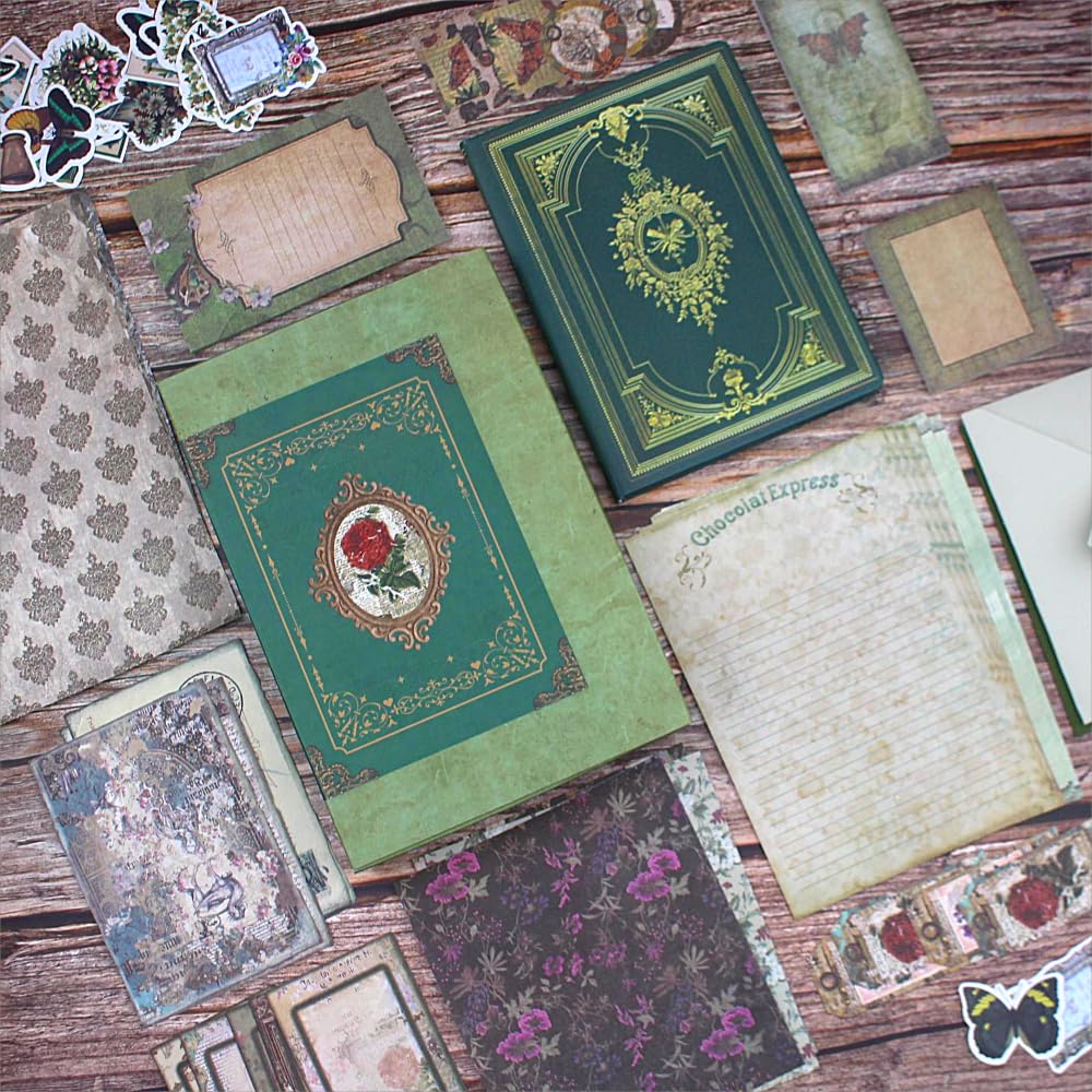 Diuhofart Vintage Scrapbooking Supplies Kit, 185pcs Junk Journal Kit with Scrapbook Paper Sticker Aesthetic Notebook Scrapbook Kit, Art Craft DIY Gift for Adult Women Diuhofart