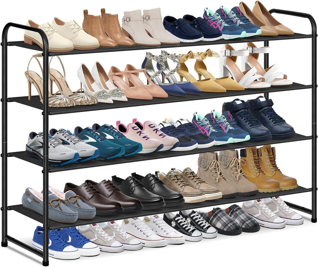 KIMBORA 4 Tier Long Shoe Rack for Closet Floor, Wide Shoe Shelf Storage Organizer 30-Pairs Stackable Sneaker Organizer for Closet, Bedroom (Black) KIMBORA