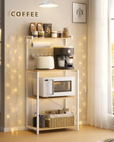 VASAGLE Kitchen Bakers Rack with Power Outlet, Coffee Bar 4-Tier with 8 S Hooks, Microwave Stand, Adjustable Shelf, for Small Spaces, Golden Oak and Cloud White UKKS014Y01V1 VASAGLE