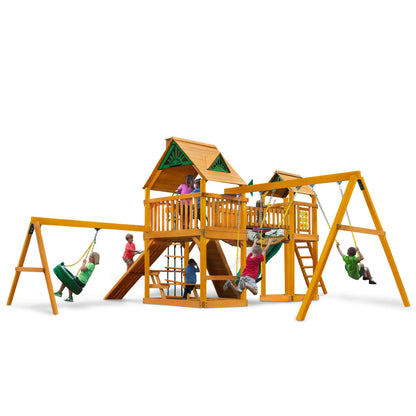 Gorilla Playsets 01-0006-AP Pioneer Peak Wood Swing Set with Wood Roof, Tire Swing, Clatter Bridge and Tower, Ramp, Slide, Two Swings, Amber