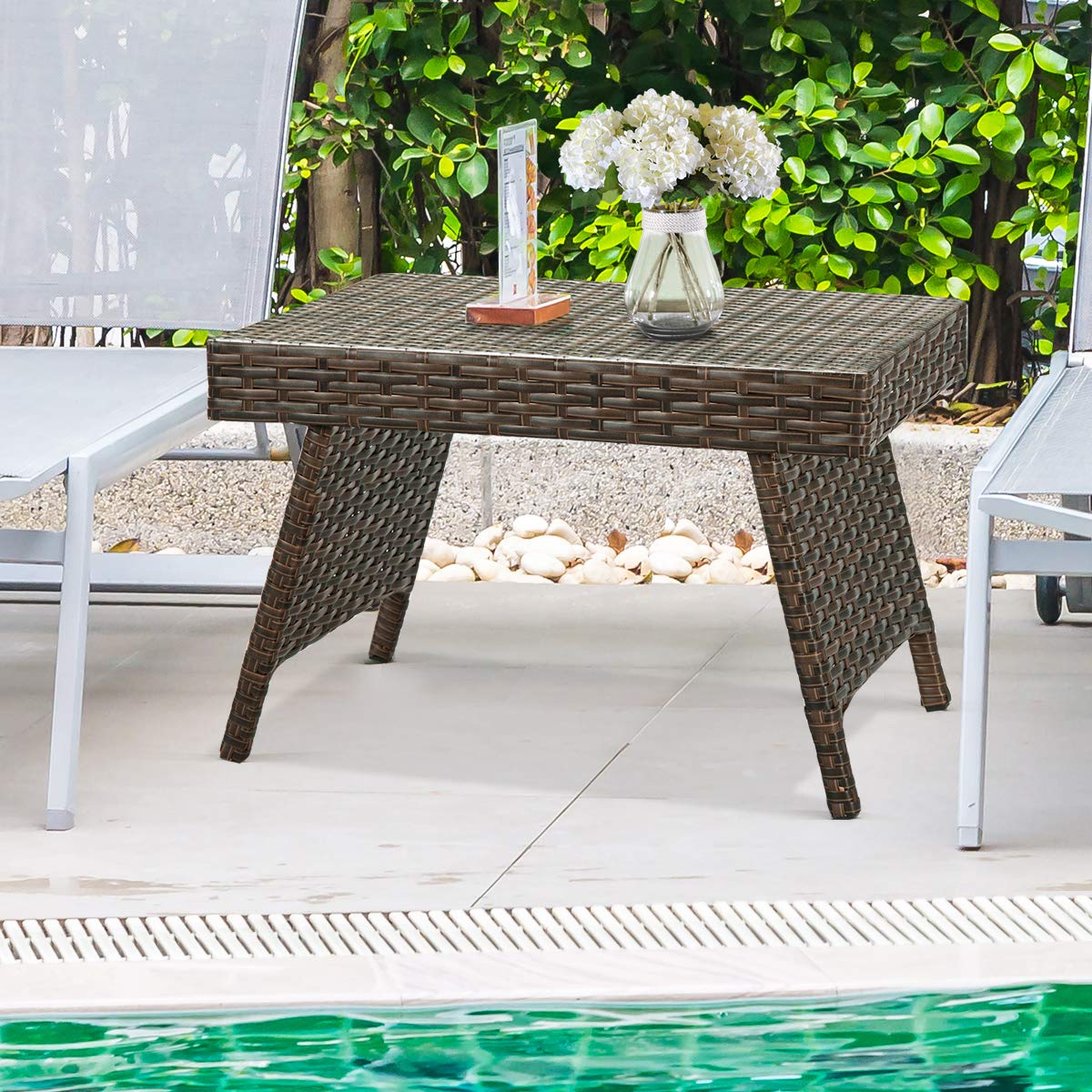 Tangkula Outdoor Folding Wicker Table, Heavy Duty Rattan Foldable Standing Coffee Side Table, for Patio Poolside Lawn Garden Balcony Tangkula