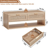 LEYAOYAO 48" Farmhouse Boho Rattan Coffee Table with 2 Woven Drawers,Rectangular Coffee Tables with Hidden Storage Compartment,Curved Profile Design,Wooden Center Table for Living Room,Natual Wood LEYAOYAO