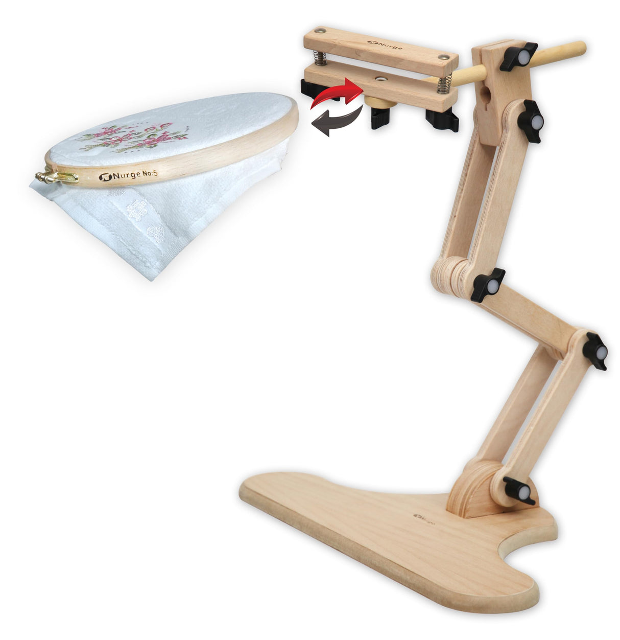 Adjustable Embroidery Table Stand with Swivel Holder, Cross Stitch Hoop Stand, Embroidery Hoop Holder. Hand Polished Natural Wood Nurge