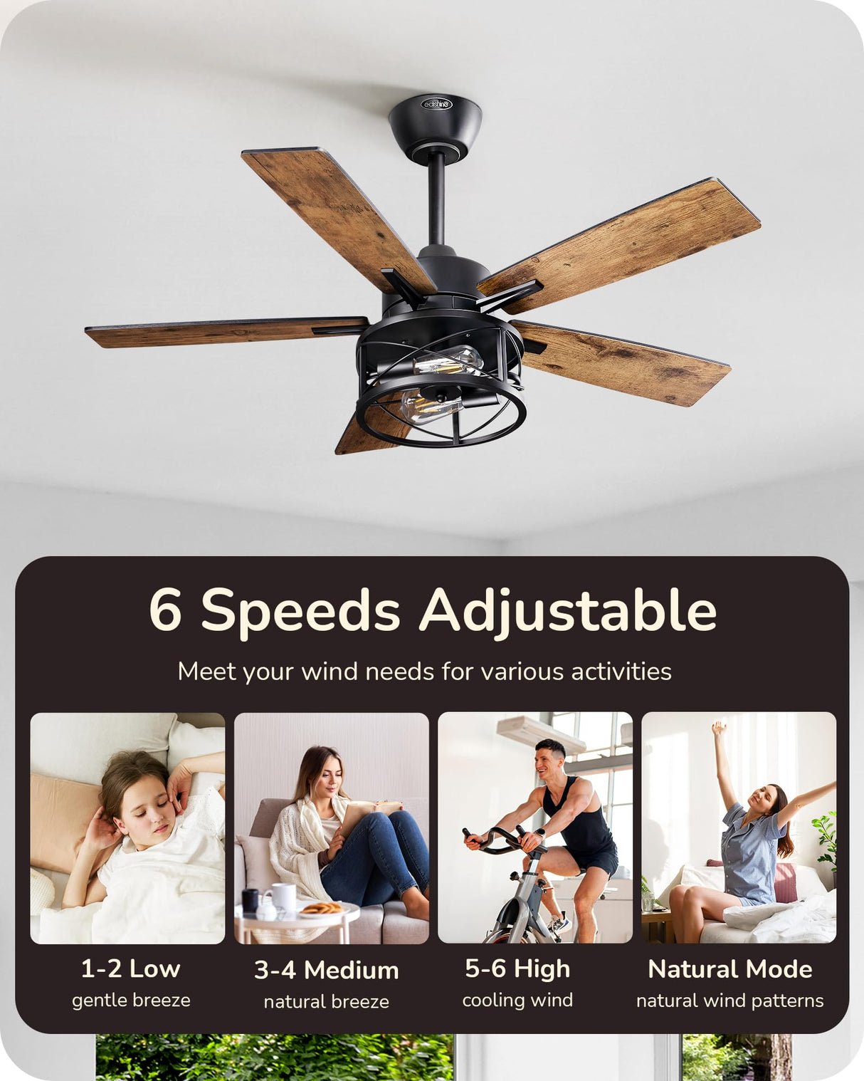 EDISHINE 42“ Farmhouse Ceiling Fans with Lights, Remote Control, Dimmable, 6 Speeds, 5 Wood Blades, DC Reversible Motor, Timer, Noiseless, Small Rustic Ceiling Fan for Bedroom Living Room, UL Listed EDISHINE
