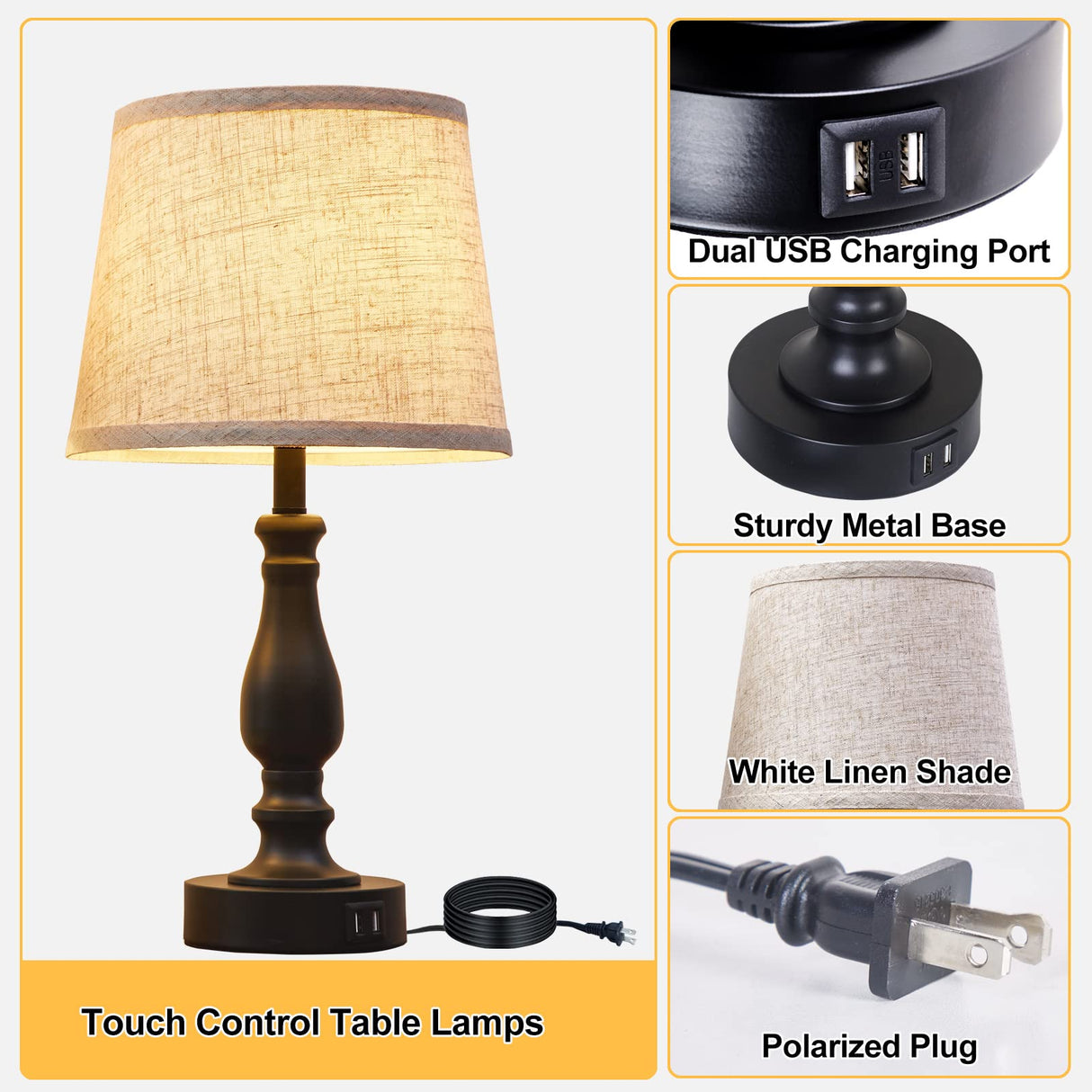 EJIAXIN Table Lamps Set of 2, Bedside Nightstand Lamps with USB Charging Ports, 3 Way Dimmable Touch with Linen Fabric Lampshade, Modern Small Lamp for Bedrooms, Living Room (Bulbs Included) EJIAXIN