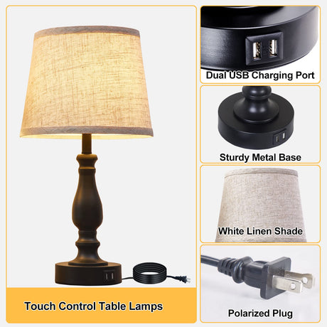 EJIAXIN Table Lamps Set of 2, Bedside Nightstand Lamps with USB Charging Ports, 3 Way Dimmable Touch with Linen Fabric Lampshade, Modern Small Lamp for Bedrooms, Living Room (Bulbs Included) EJIAXIN
