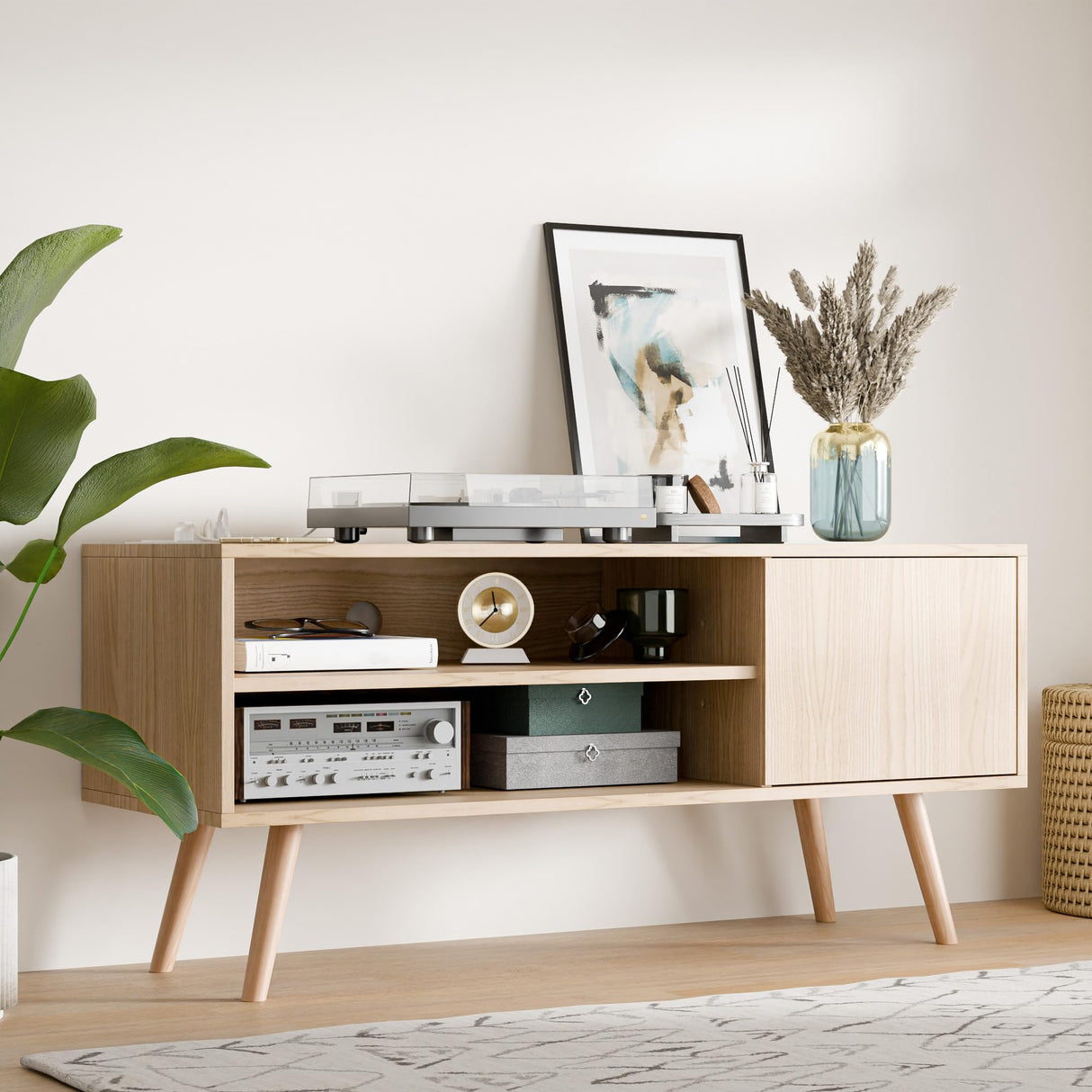 Cozy Castle TV Stand for 50 Inch TV, Mid Century Modern Entertainment Center with Storage Cabinet, TV Media Console with Charging Station for Living Room, Bedroom, Oak Cozy Castle