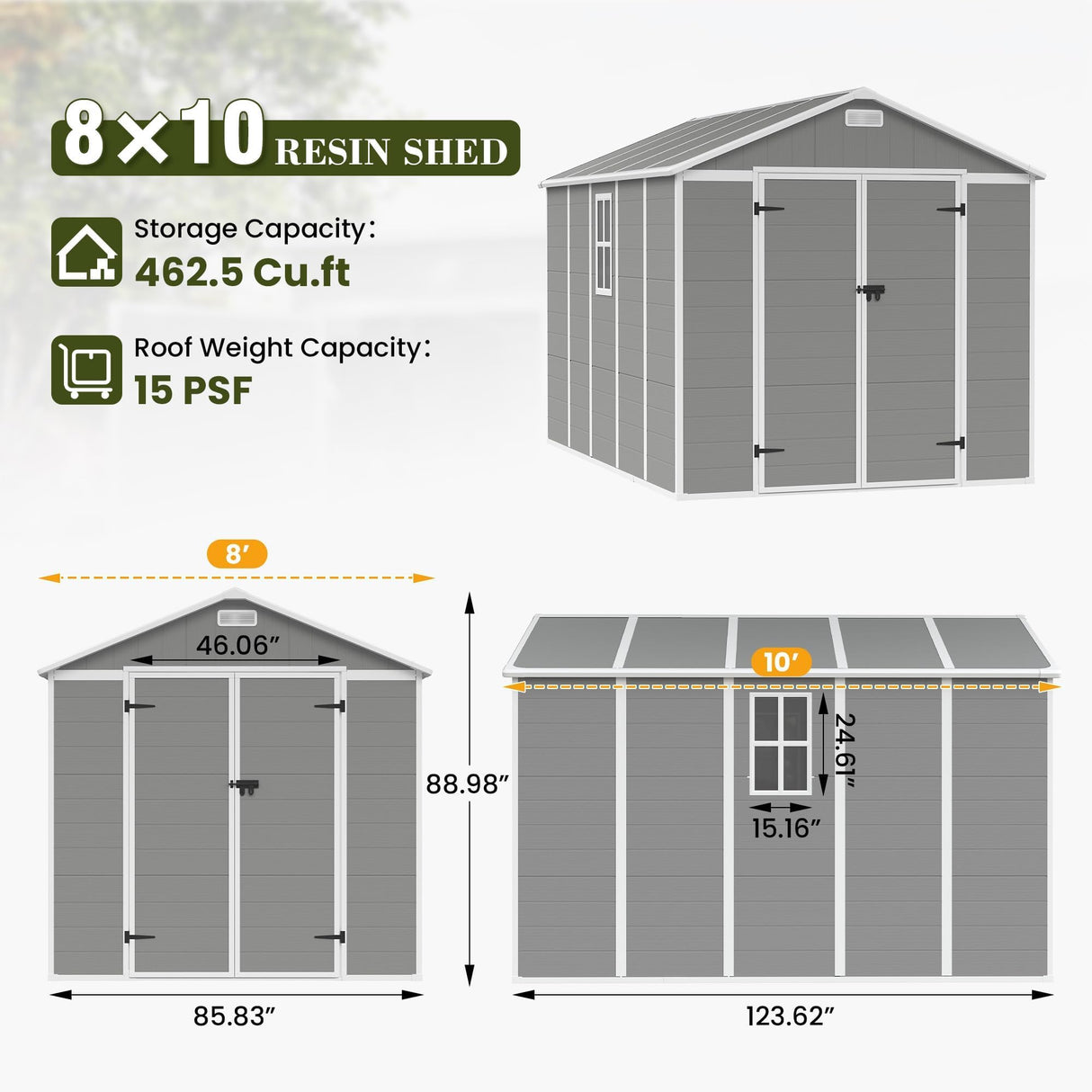 UDPATIO Outdoor Storage Shed 8 x 10 FT, Resin Garden Sheds with Floor Plastic Patio Outdoor Storage with Lockable Door for Tool, Bike, Garbage Gray White UDPATIO