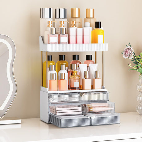 caktraie 5 Tiers Bathroom Counter Organizer - 3 Drawers Makeup Organizer, Cosmetic Storage Drawer for Dresser Countertop and Bathroom Vanity for Large Skincare, Perfume, Clear caktraie