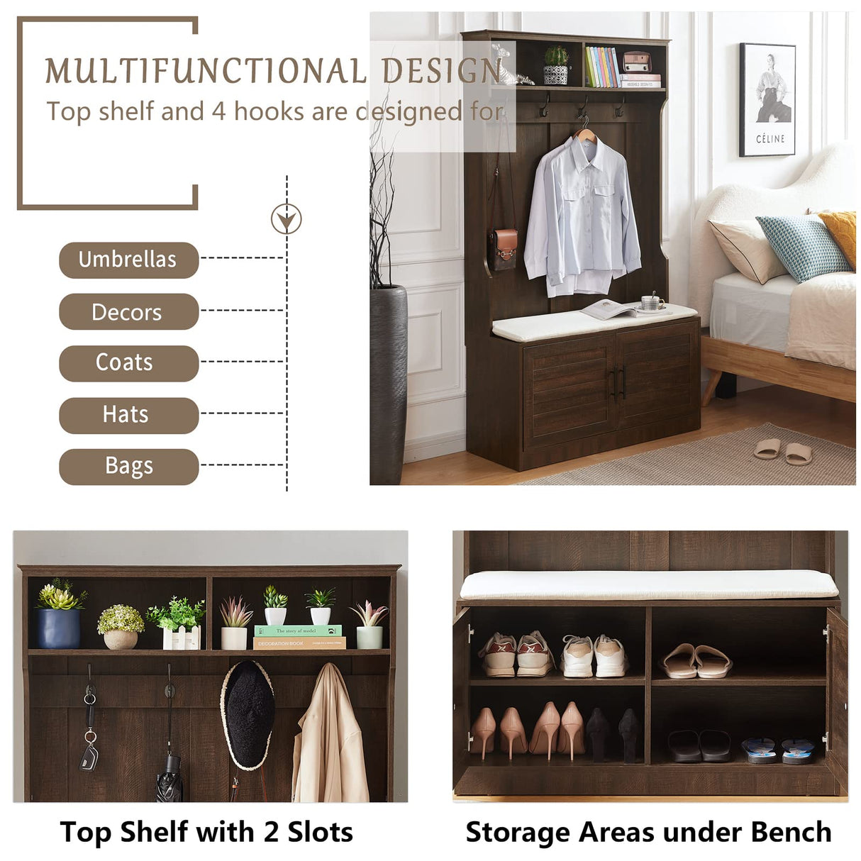 Betoko Hall Trees with Bench and Coat Racks, Farmhouse 71 Inch Entryway Bench with 2 Cabinet Doors, Wood Coat Tree Mudroom Storage Bench (Walnut) Betoko