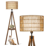 LAMSU Boho Tripod Floor Lamps for Living Room, Rattan Wood Floor Lamp with Fabric Shades, Mid Century Standing Lamp with Shelf, Foot Switch, Modern Farmhouse Tall Lamps for Bedroom Office Brown LAMSU