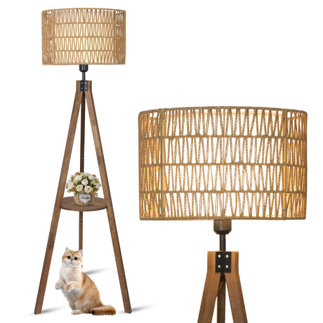 LAMSU Boho Tripod Floor Lamps for Living Room, Rattan Wood Floor Lamp with Fabric Shades, Mid Century Standing Lamp with Shelf, Foot Switch, Modern Farmhouse Tall Lamps for Bedroom Office Brown LAMSU