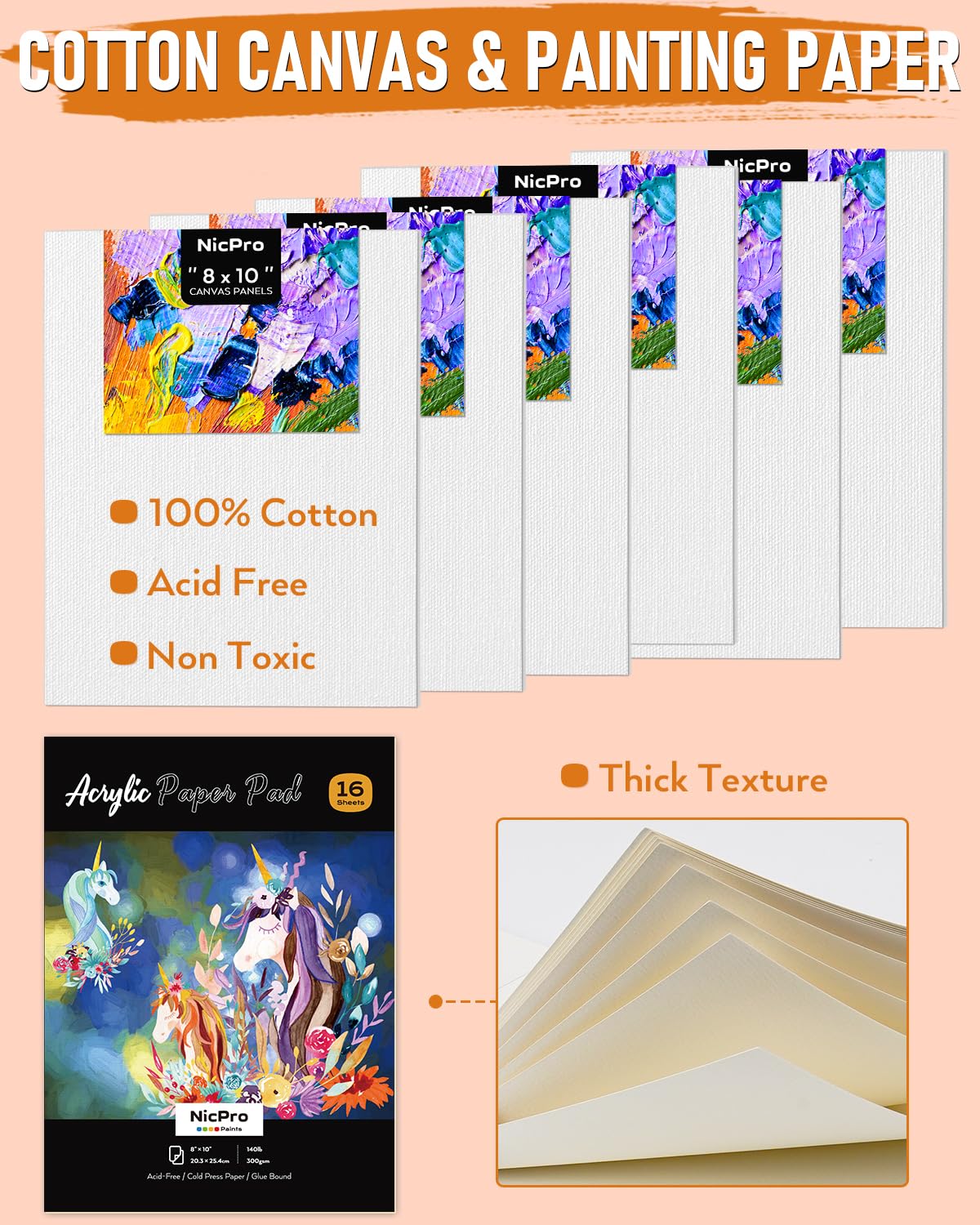 Nicpro 68PCS Acrylic Paint Canvas Set for Adults & Kids, Art Painting Supplies Kit with 24 Paints,Table Easel,8 Canvas Panels,12 Brushes,Paper Pad,Cleaning Cup,Sponge,Palette for Artist Beginner Nicpro