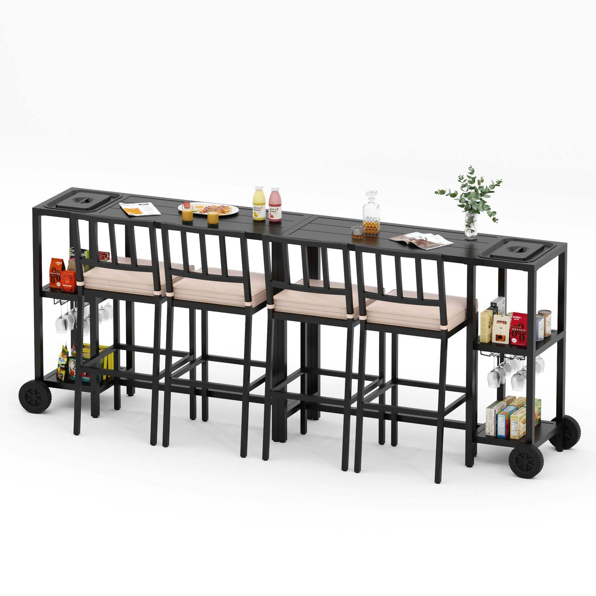 PIZZELLO 6 Piece Outdoor Patio Bar Set, 2 PCS 47" Rectangular Counter Height High Top Bar Tables with Wheels, 4 Cushioned Bar Stools, Metal Bar Table and Chairs Set for Balcony, Backyard, Porch PIZZELLO