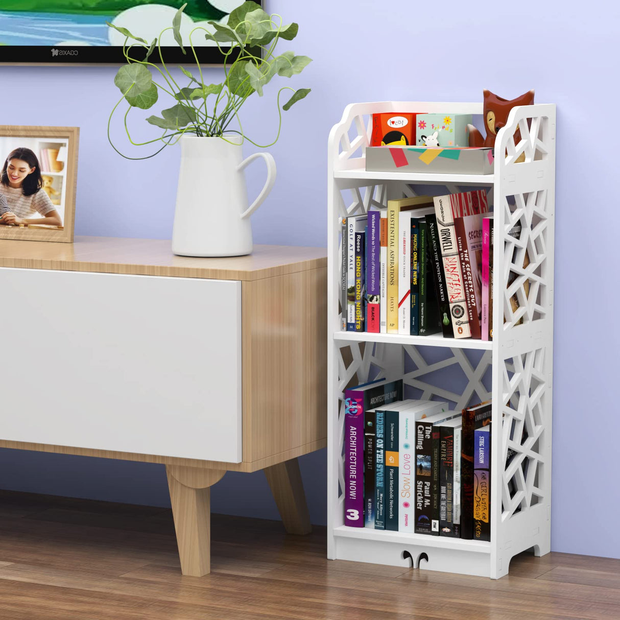 3 Tier Bookshelf, Small Bookcase for Small Spaces, Narrow Thin Book Shelf for Bedroom, 3 Shelf Bookcase for Kids Room and Living Room Rerii