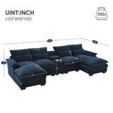 Merax 123" Modular Sectional Couches with Waist Pillows, Cupholders, Console and USB Charging, 6-Seat Upholstered Sleeper Sofa Chaise Lounge & Double Cushions for Living Room, Apartment, Dark Blue Merax
