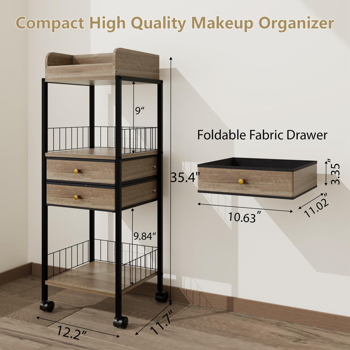 Makeup Organizer Cart Shelf Floor Skincare Organizers Make Up and Station Storage Cabinet For Vanity Standing Cosmetics With Drawers and Wheels For Nail Polish Perfume Hair Tool Beauty(Grey Oak) lurcns