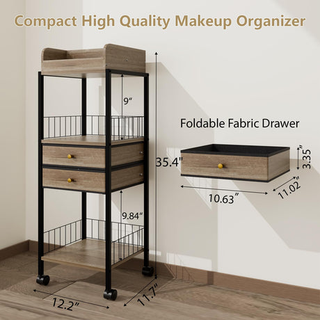 Makeup Organizer Cart Shelf Floor Skincare Organizers Make Up and Station Storage Cabinet For Vanity Standing Cosmetics With Drawers and Wheels For Nail Polish Perfume Hair Tool Beauty(Grey Oak) lurcns
