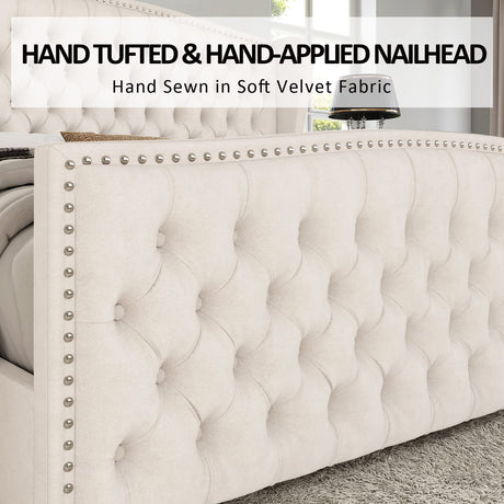 AMERLIFE King Size Platform Bed Frame, Velvet Upholstered Bed with Deep Button Tufted & Nailhead Trim Wingback Headboard/No Box Spring Required/Cream AMERLIFE