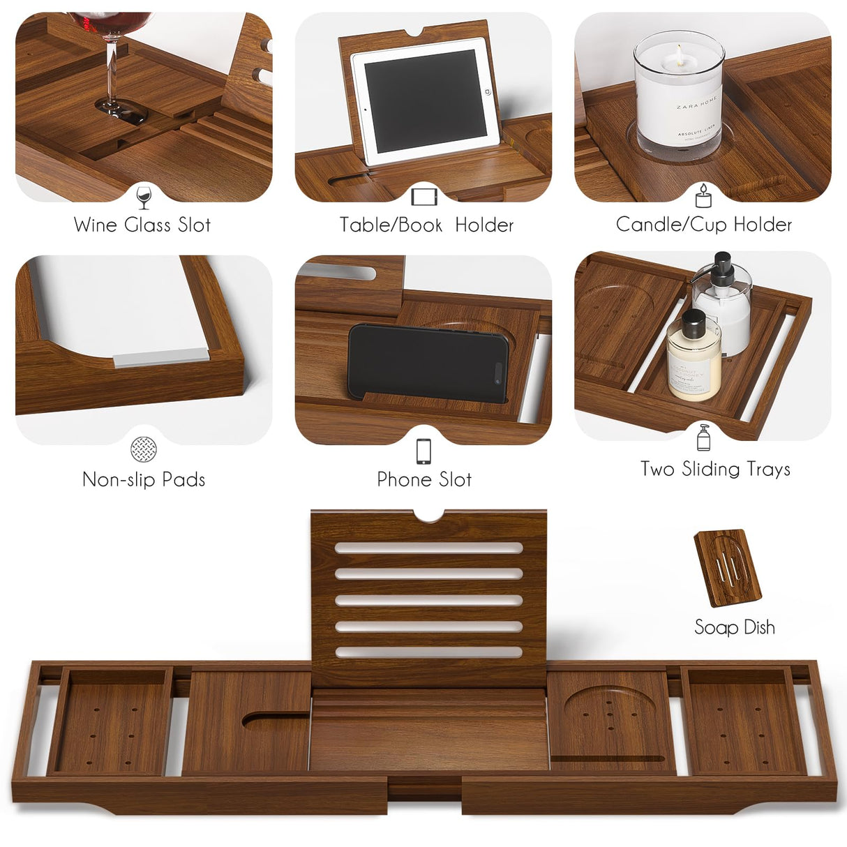 Kiasthome Teak Bathtub Tray, Bath Tray for Tub Bathroom Table Tray Expandable Wood Tub Tray for Bathtub, as Unique Housewarming, Holiday, Birthday Gifts Kiasthome