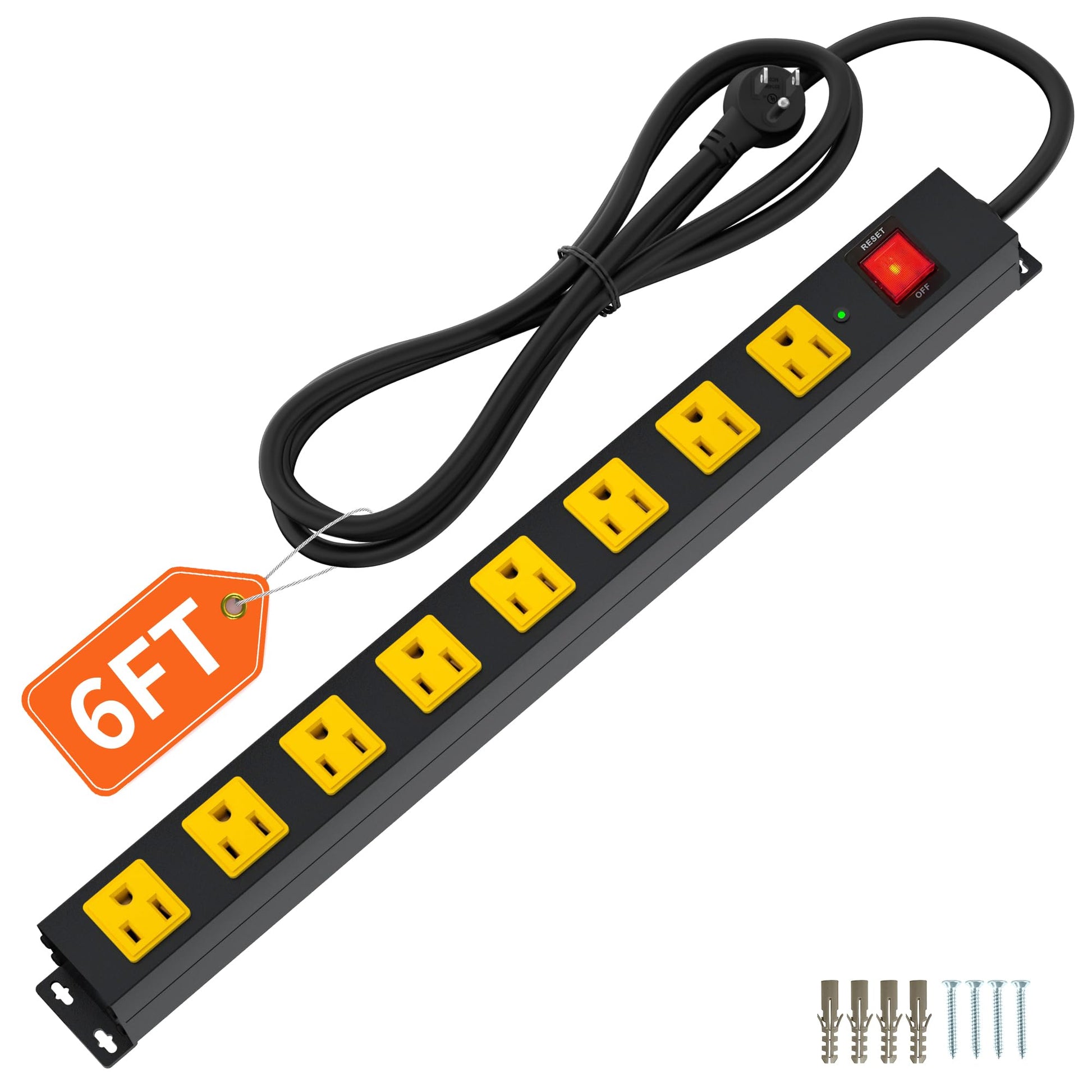 8 Outlet Long Power Strip, 2100J Surge Protector Heavy Duty 6FT Cord Wide Spaced and Wall Mount Metal Powerstrip for Home Office Garage Workshop - WoodArtSupply