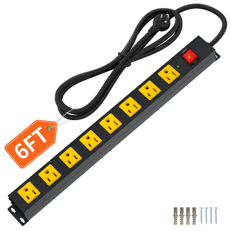 8 Outlet Long Power Strip, 2100J Surge Protector Heavy Duty 6FT Cord Wide Spaced and Wall Mount Metal Powerstrip for Home Office Garage Workshop Plug'n