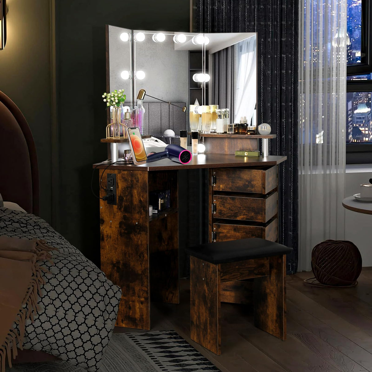 VOWNER Vanity with Lights - Makeup Vanity Desk with Power Outlet, 3 Color Lighting Options Brightness Adjustable, Vanity Table with 5 Rotating Drawers, Shelves and Stool for Bedroom, Rustic VOWNER