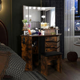 VOWNER Vanity with Lights - Makeup Vanity Desk with Power Outlet, 3 Color Lighting Options Brightness Adjustable, Vanity Table with 5 Rotating Drawers, Shelves and Stool for Bedroom, Rustic VOWNER