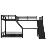 Triple Bunk Beds, L-Shape Twin XL Over Queen Bunk Bed Attached a Loft Bed with Desk, Triple Bunk Bed with Slide and USB Ports, Metal Corner Bunkbed Frame for Three Kids Boys Girls Teens, Metal Black Bellemave