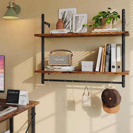 Bestier Pipe Shelf Industrial Floating Shelving 31" Kitchen Wall-Mounted Shelf with Towel Bar Hooks Coffee Bar Shelves Wine Hanging Display Rack Bookshelf Living Room Decor Bathroom-Rustic Brown Bestier