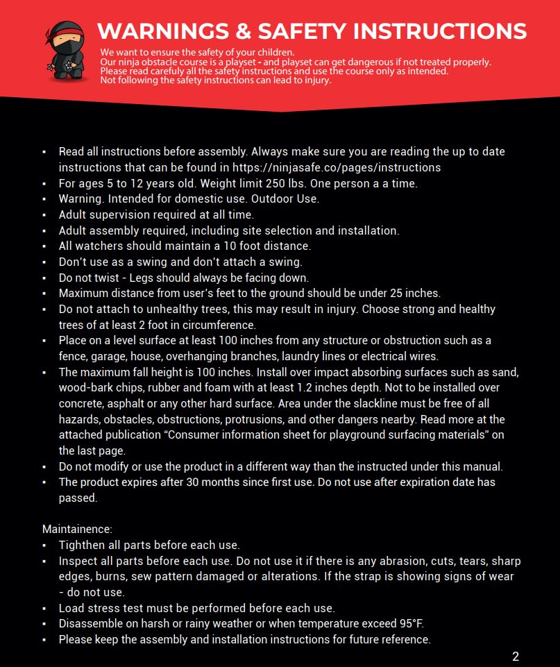 Ninja Obstacle Course for Kids Backyard - 10 Durable Obstacles and 50' Slackline - Outdoor Warrior Obstacle Playset Equipment for Girls & Boys with Monkey Bars, Ladder, Wheel, Gymnastics, Climbing Net NinjaSafe