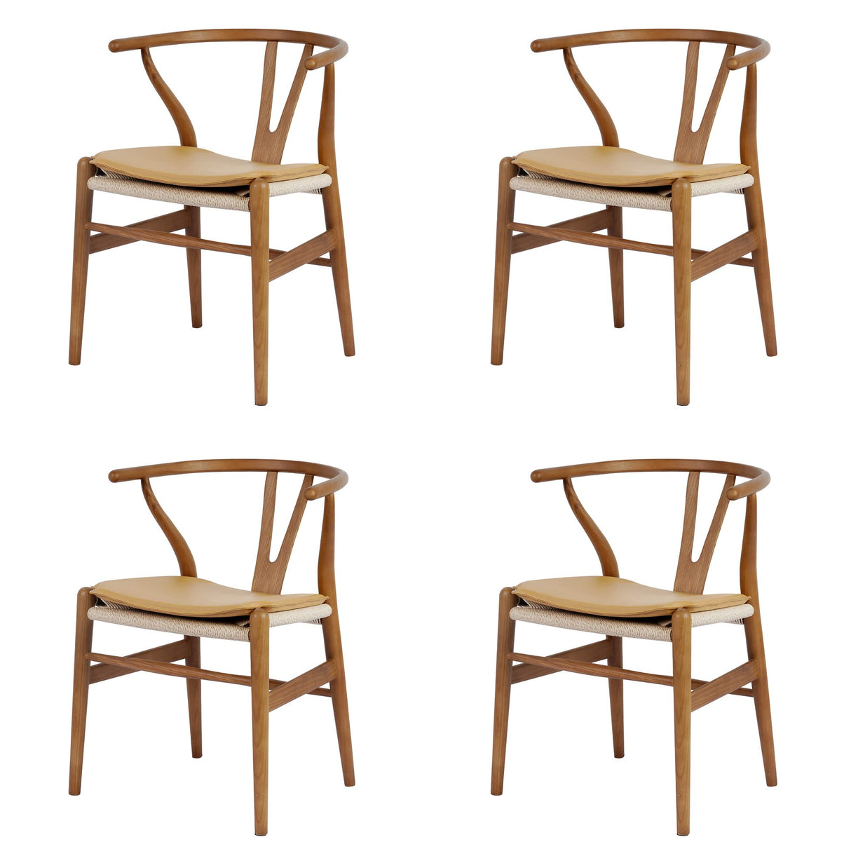 Forsho Set of 2 Solid Wood Wishbone Dining Chair with PU Soft Seat Cushion,Mid-Century Y Back Weave Dining Chair（Ash Wood - Walnut + Cushion） Forsho