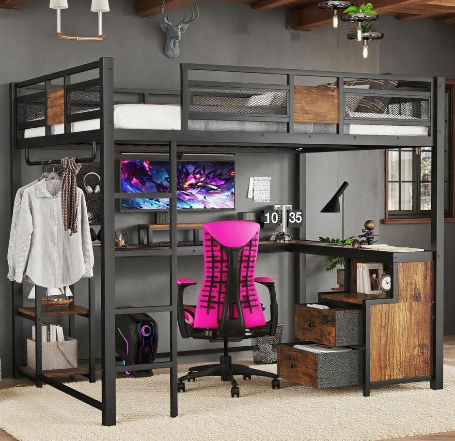 Bellemave Queen Loft Bed with Desk and Fabric Drawer, Metal Queen Loft Bed Frame with guardrail and Ladder for Adults, Kids, Teens, Black Bellemave