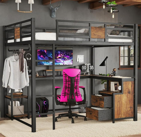 Bellemave Queen Loft Bed with Desk and Fabric Drawer, Metal Queen Loft Bed Frame with guardrail and Ladder for Adults, Kids, Teens, Black Bellemave