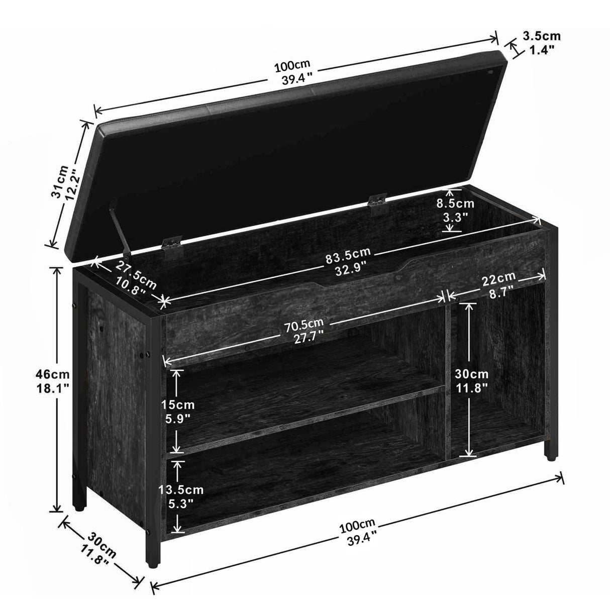 astimey Shoe Bench, Lift Top Shoe Storage Bench, Adjustable Shelf Entryway Bench, Metal and Wood Shoe Rack Organizer with Cushion for Entry, Bedroom, Closet, Living Room, Hallway, Black 39.5W astimey