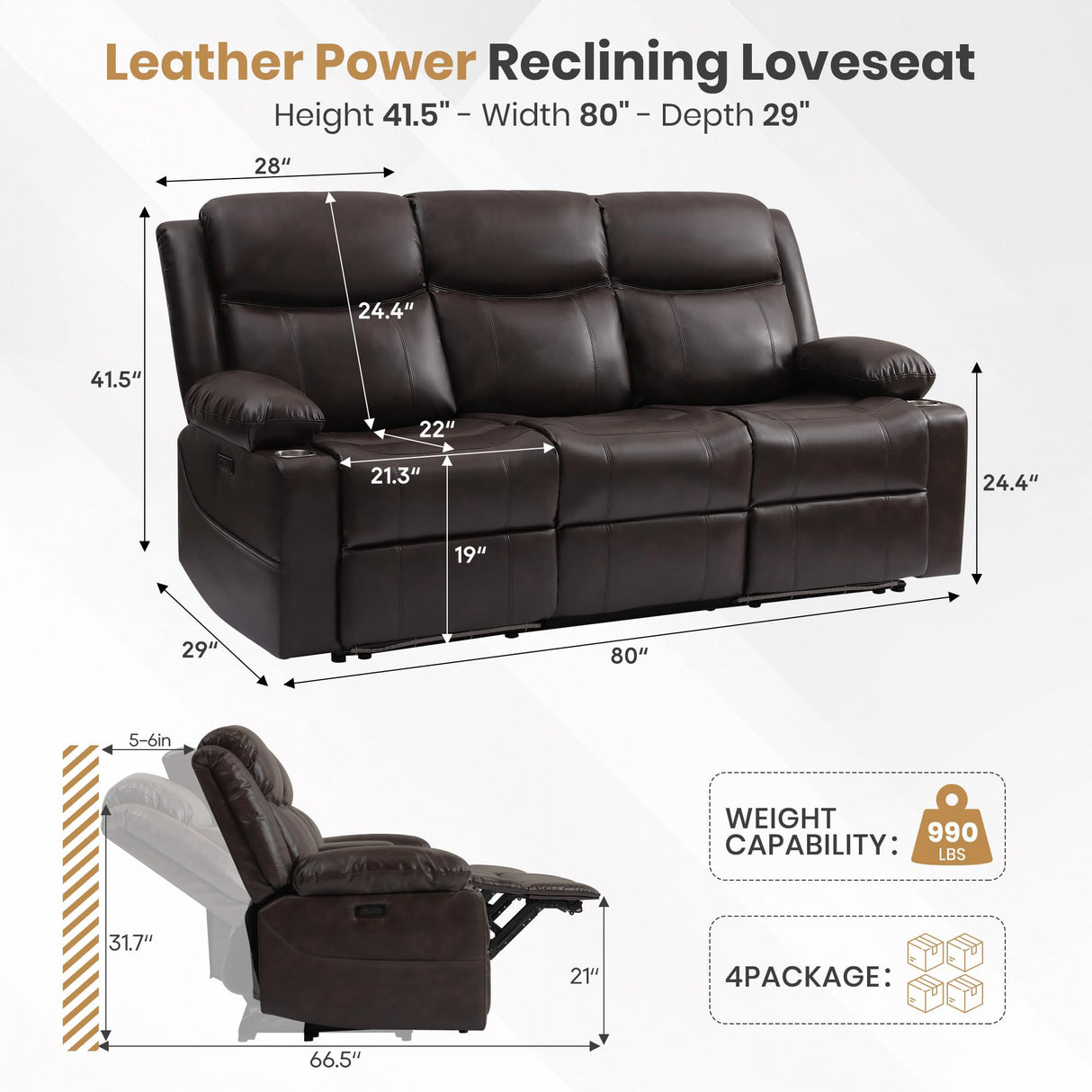 Power Recliner Sofa with LED Lights, USB Charging & Console – PU Leather Wall Hugger Couch for RV, Home Theater & Living Room Electric Reclining Sofa with Cup Holders& Zero-Wall Clearance Design LURVIA