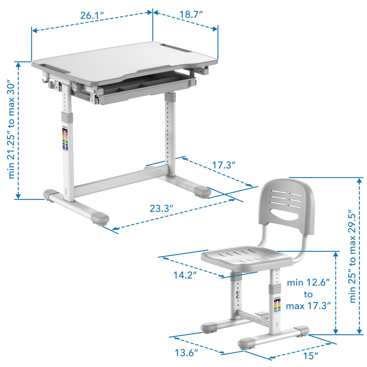 Mount-It! Kids Desk and Chair Set Height Adjustable up to 30" Ergonomic Kids Desk School, Kids Table and Chairs for Student 26" x 18" Tabletop with Pencil Drawer, 3-10 Age Children, Grey Mount-It!