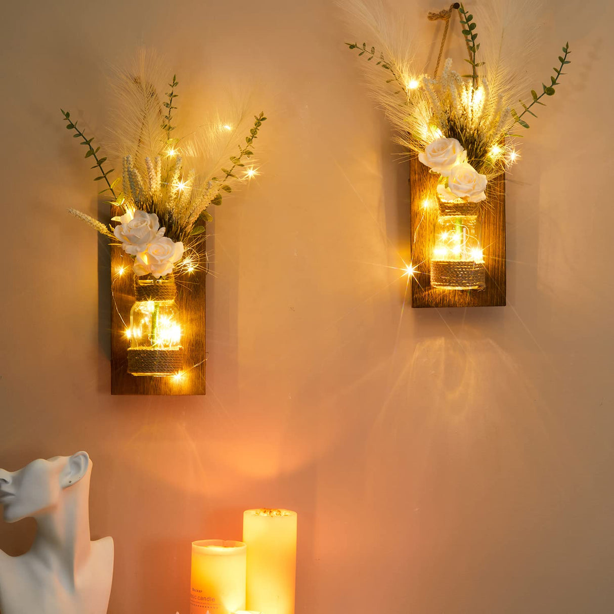 Anna's Whimsy 2PACK Mason Jar Sconce Wall Decor Rustic with Remote Control LED Fairy Lights - Artificial Flowers Spring Decorations for Home Bedroom Farmhouse(White Rose) Anna's Whimsy