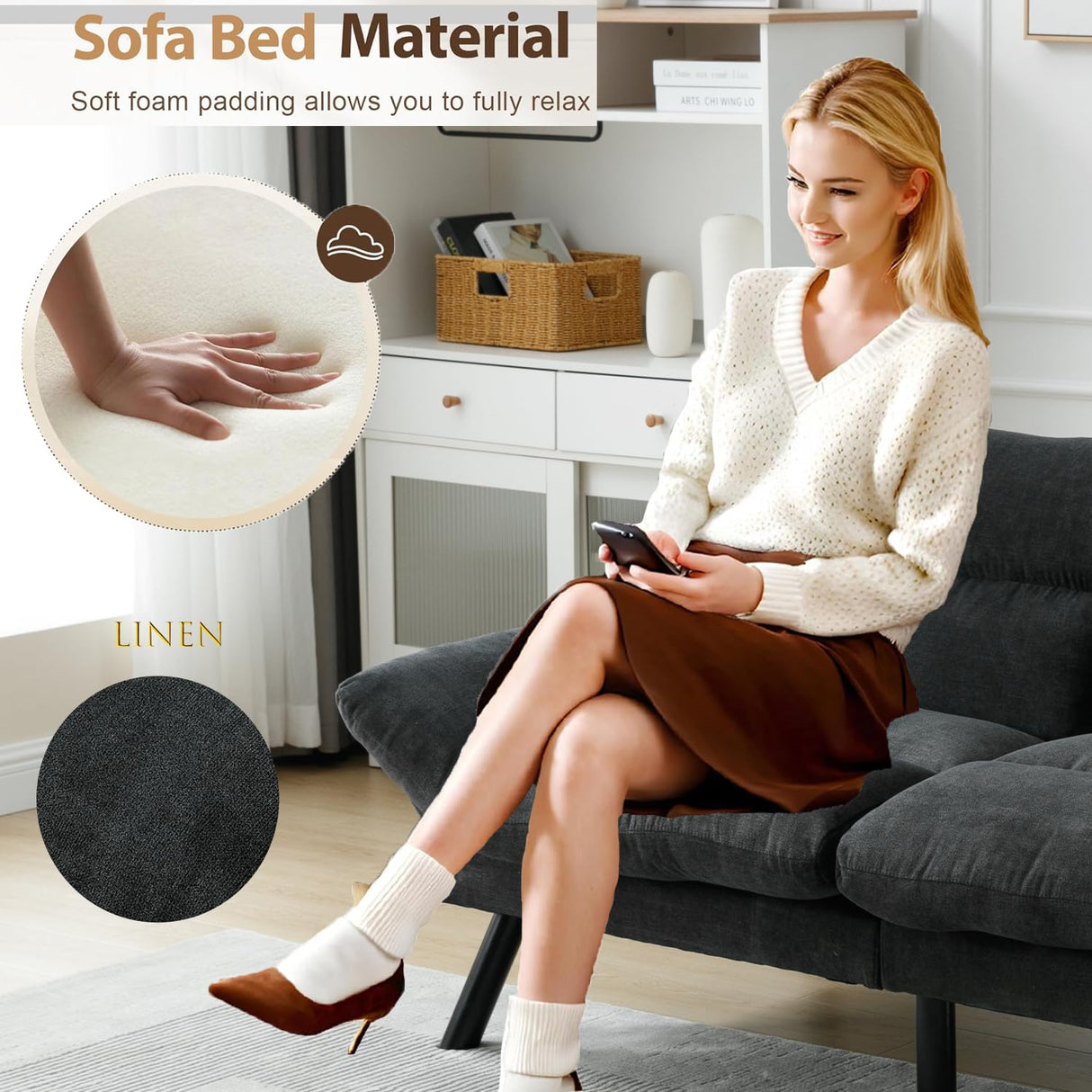 70“Futon Sofa Bed,Convertible Folding Futon Couch Breathable Small Couch,Upholstered Double Loveseat Bed for Compact Living Studio in Room and Bedroom,Offices,Family,Dorm (Dark Gray Linen) Klwenas Maec