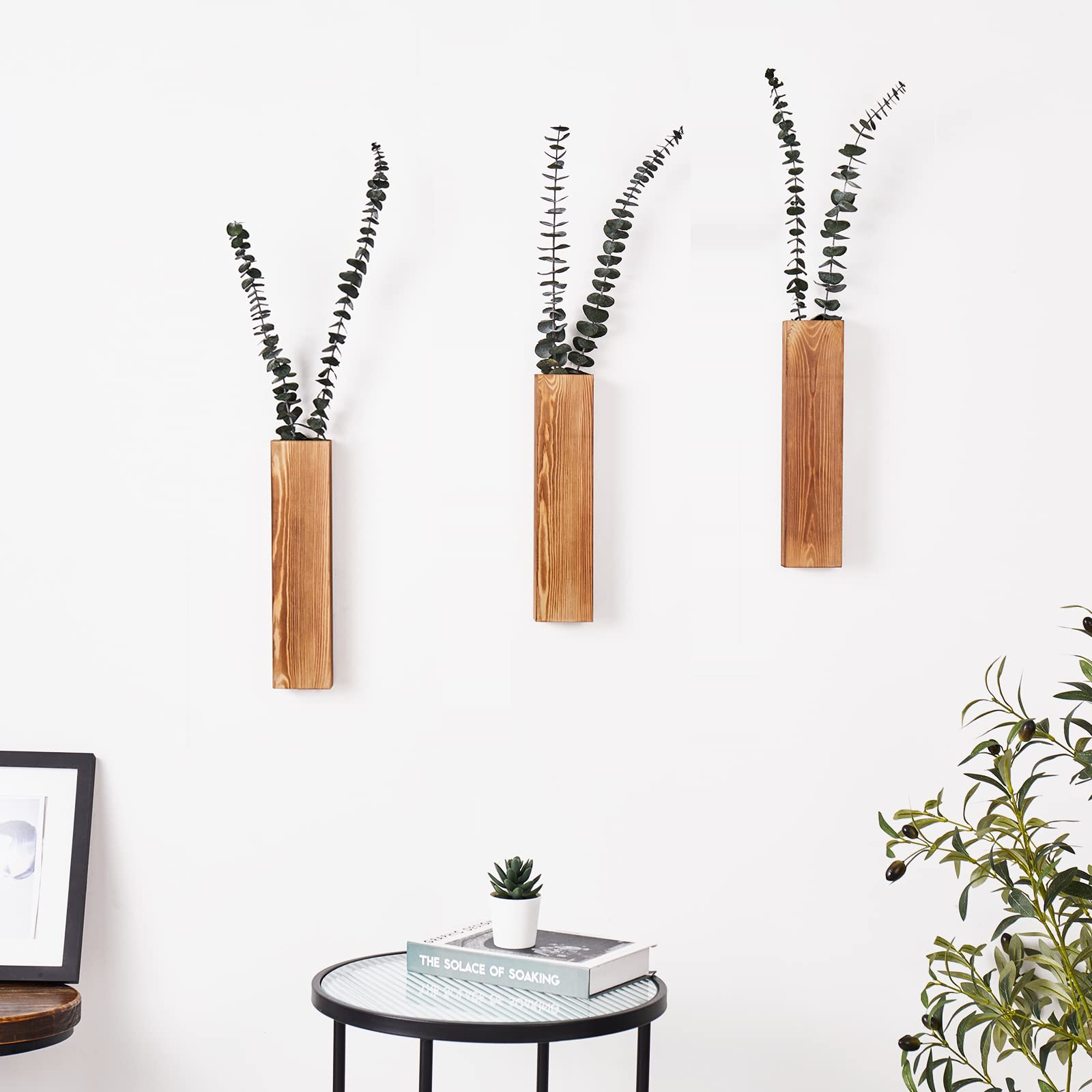 Mokof 3 Pack Wall Planters for Indoor Plants, Wood Wall Decor for Bathroom, Bedroom Living Room, Modern Farmhouse Wooden Pocket Wall Vases for Dried Flowers and Faux Greenery Plants (Brown) - WoodArtSupply