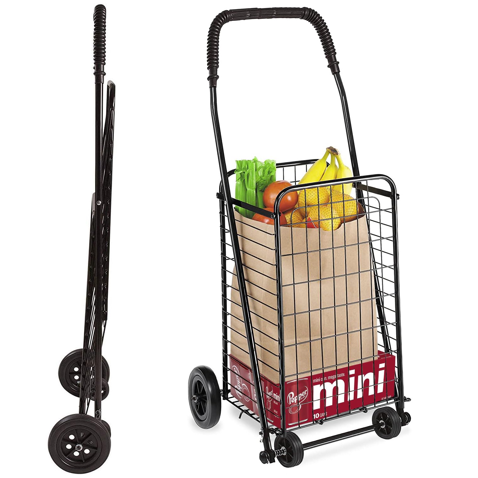 DMI Utility Cart with Wheels to be used for Shopping, Grocery, Laundry and Stair Climber Cart, Weighs 7.5 Pounds but holds up to 90 Pounds, Compact and Foldable, Black - WoodArtSupply